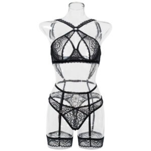 Women's Black Lace Two-Piece Set Underwire Push-Up Shapewear Lingerie