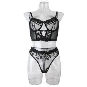 Sheer Mesh Embroidery Patchwork Push-Up Underwire Cut-Out Lingerie Set