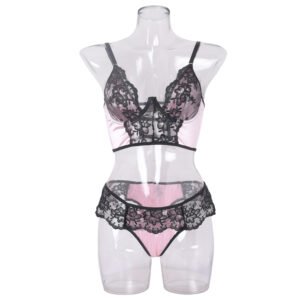 Push-Up Lace Embroidery Simulated Silk Splicing Sexy Lingerie Body Shaping Two-Piece Set Women