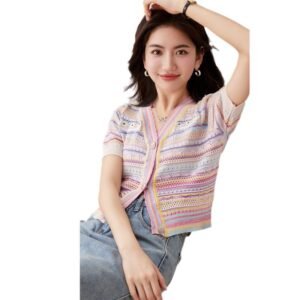 New striped rainbow knitted cardigan French short sleeved hollow out small fragrant style V-neck loose top