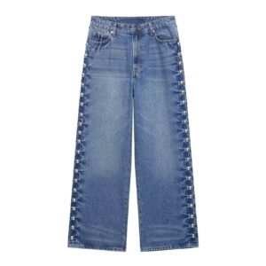 Rivet decoration straight leg denim pants for women